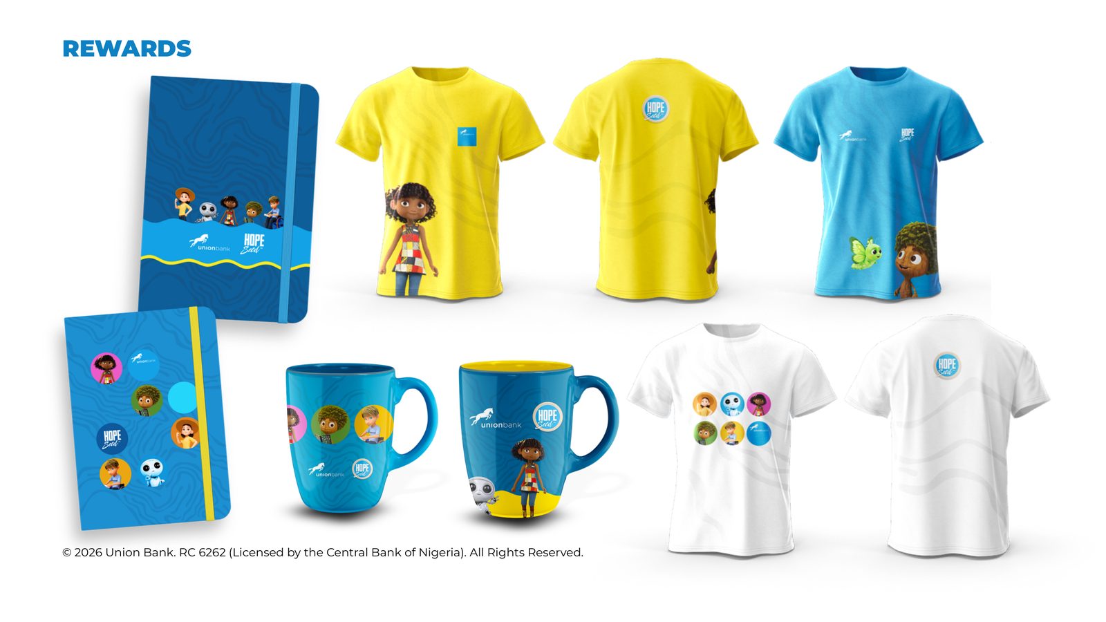 Co-branded Hope Seed × Union Bank physical rewards — notebooks, t-shirts, and mugs featuring Hope Seed characters